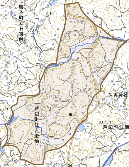芦辺町住吉後触とその周辺の地図。町の範囲を重ねている
