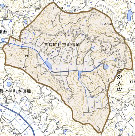芦辺町住吉山信触とその周辺の地図。町の範囲を重ねている