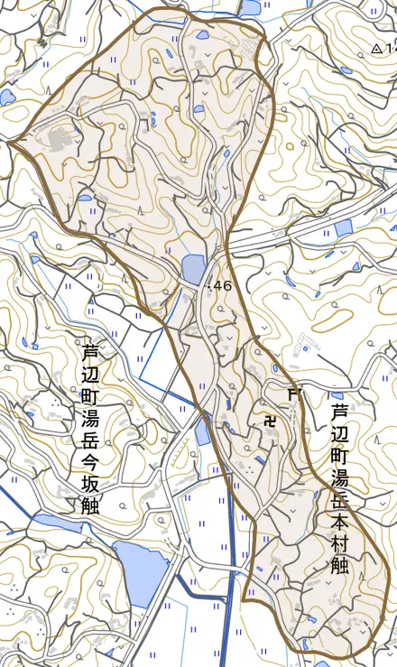芦辺町湯岳本村触とその周辺の地図。町の範囲を重ねている