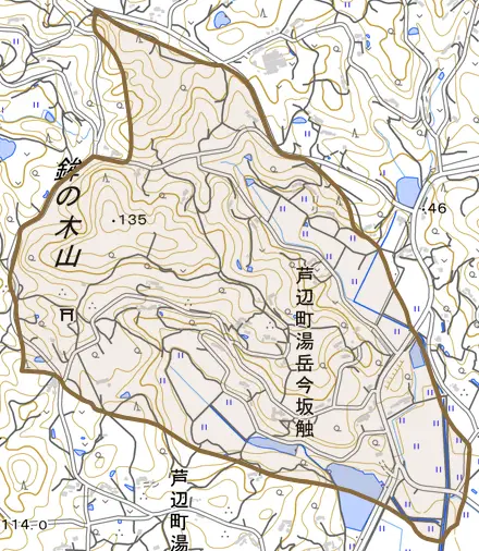 芦辺町湯岳今坂触とその周辺の地図。町の範囲を重ねている