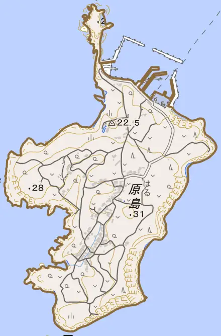 郷ノ浦町原島とその周辺の地図。町の範囲を重ねている