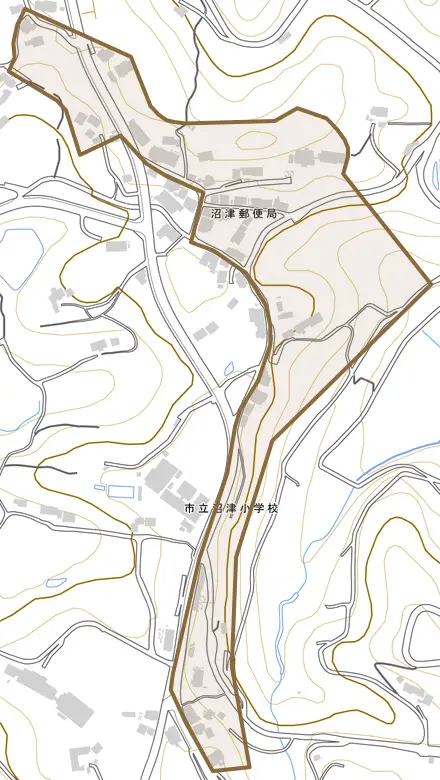 郷ノ浦町長峰本村触とその周辺の地図。町の範囲を重ねている