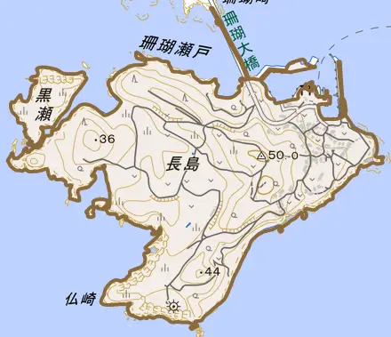郷ノ浦町長島とその周辺の地図。町の範囲を重ねている