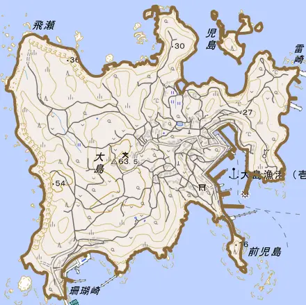 郷ノ浦町大島とその周辺の地図。町の範囲を重ねている