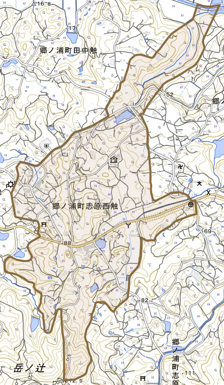 郷ノ浦町志原西触とその周辺の地図。町の範囲を重ねている
