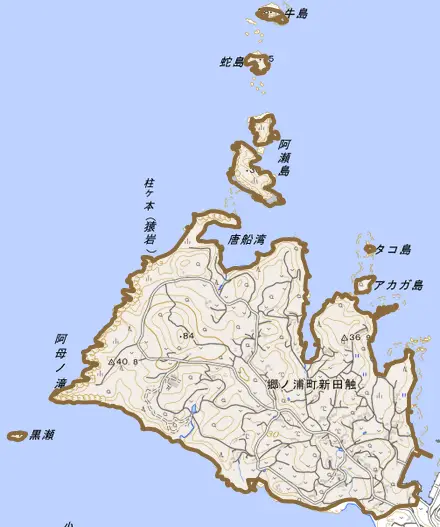 郷ノ浦町新田触とその周辺の地図。町の範囲を重ねている