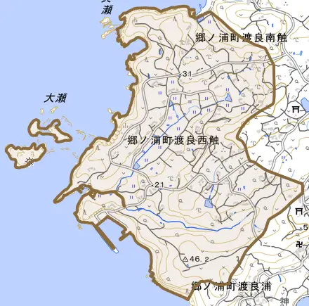 郷ノ浦町渡良西触とその周辺の地図。町の範囲を重ねている