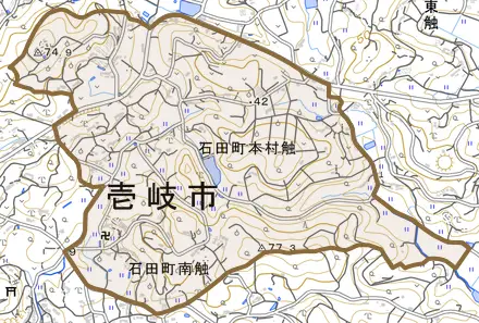 石田町本村触とその周辺の地図。町の範囲を重ねている