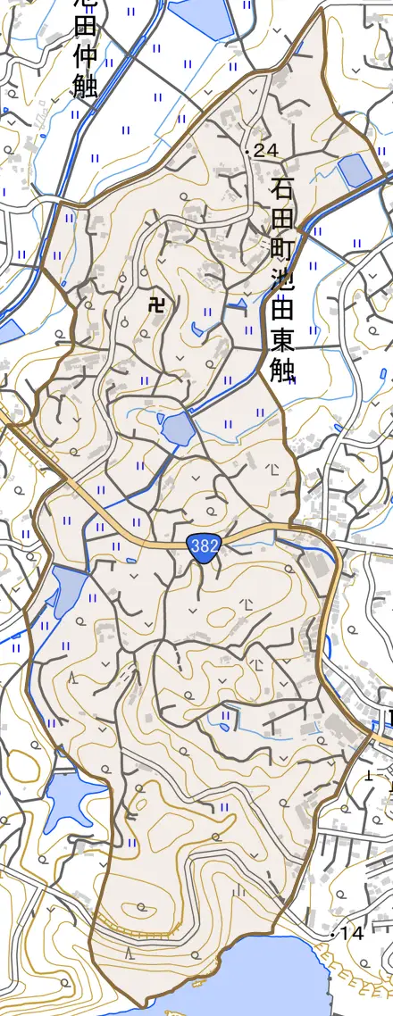 石田町池田東触とその周辺の地図。町の範囲を重ねている