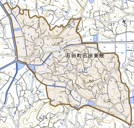 石田町石田東触とその周辺の地図。町の範囲を重ねている