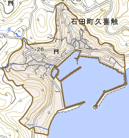 石田町久喜触とその周辺の地図。町の範囲を重ねている
