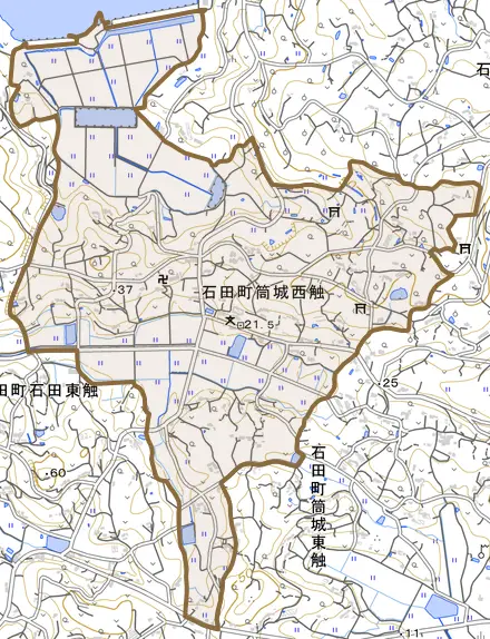 石田町筒城西触とその周辺の地図。町の範囲を重ねている