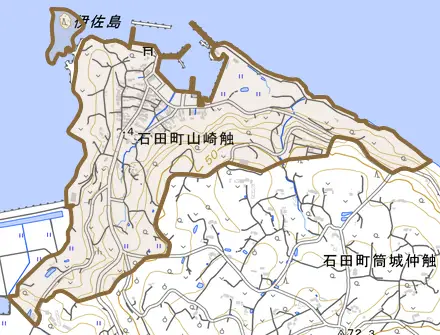石田町山崎触とその周辺の地図。町の範囲を重ねている