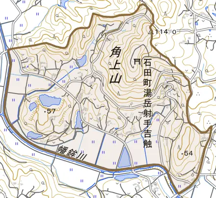 石田町湯岳射手吉触とその周辺の地図。町の範囲を重ねている