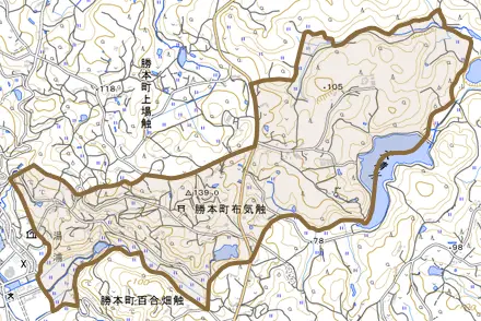 勝本町布気触とその周辺の地図。町の範囲を重ねている
