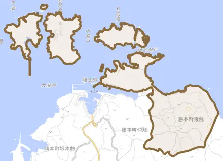 勝本町東触とその周辺の地図。町の範囲を重ねている