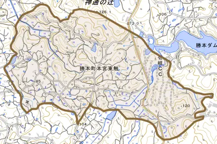 勝本町本宮東触とその周辺の地図。町の範囲を重ねている