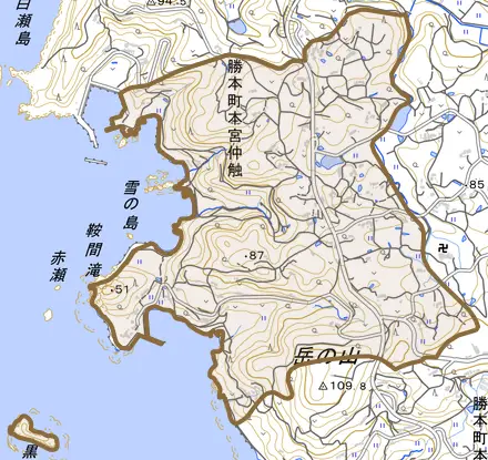 勝本町本宮仲触とその周辺の地図。町の範囲を重ねている