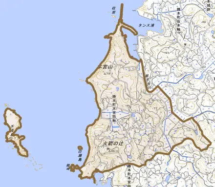 勝本町本宮西触とその周辺の地図。町の範囲を重ねている