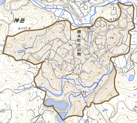 勝本町片山触とその周辺の地図。町の範囲を重ねている