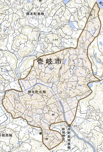 勝本町北触とその周辺の地図。町の範囲を重ねている