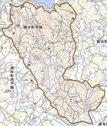 勝本町仲触とその周辺の地図。町の範囲を重ねている