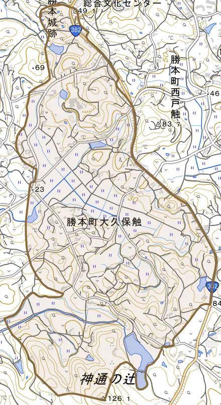 勝本町大久保触とその周辺の地図。町の範囲を重ねている