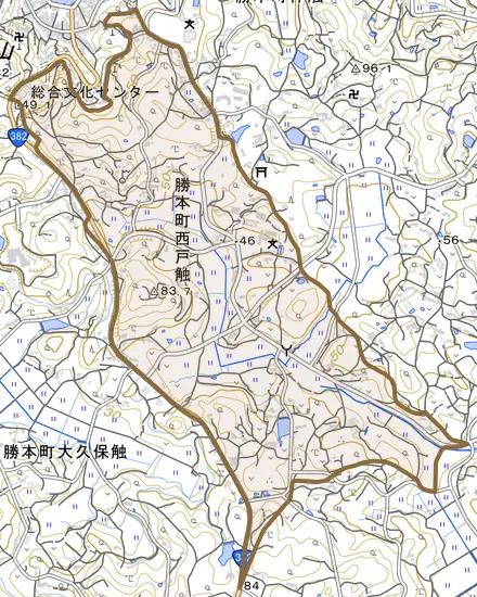 勝本町西戸触とその周辺の地図。町の範囲を重ねている