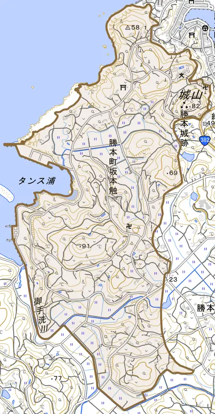 勝本町坂本触とその周辺の地図。町の範囲を重ねている