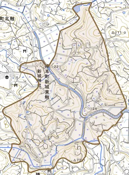 勝本町新城東触とその周辺の地図。町の範囲を重ねている