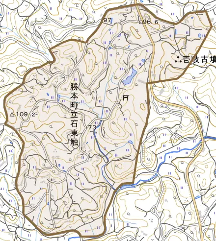 勝本町立石東触とその周辺の地図。町の範囲を重ねている