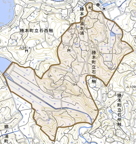 勝本町立石南触とその周辺の地図。町の範囲を重ねている