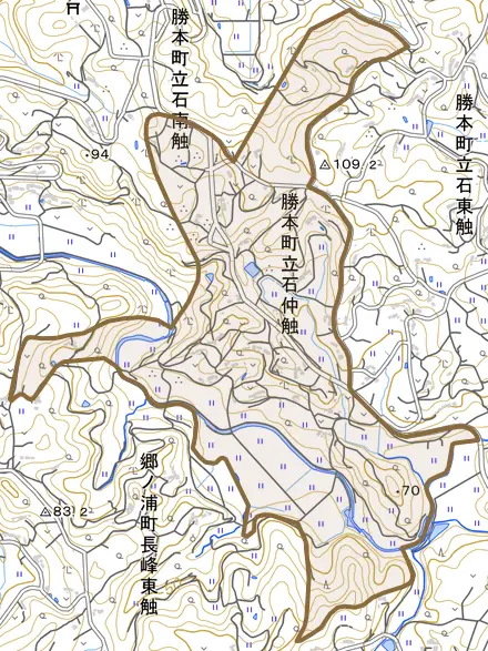 勝本町立石仲触とその周辺の地図。町の範囲を重ねている