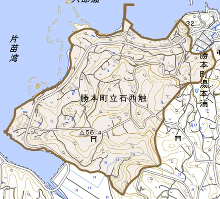 勝本町立石西触とその周辺の地図。町の範囲を重ねている