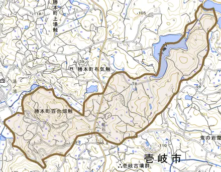 勝本町百合畑触とその周辺の地図。町の範囲を重ねている