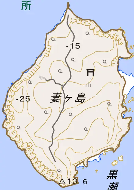 石田町妻ケ島とその周辺の地図。町の範囲を重ねている