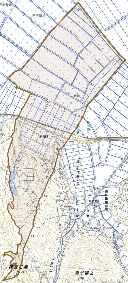 赤崎町とその周辺の地図。町の範囲を重ねている