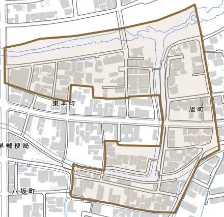 旭町とその周辺の地図。町の範囲を重ねている