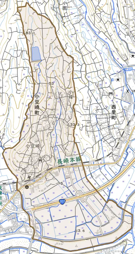 小豆崎町とその周辺の地図。町の範囲を重ねている