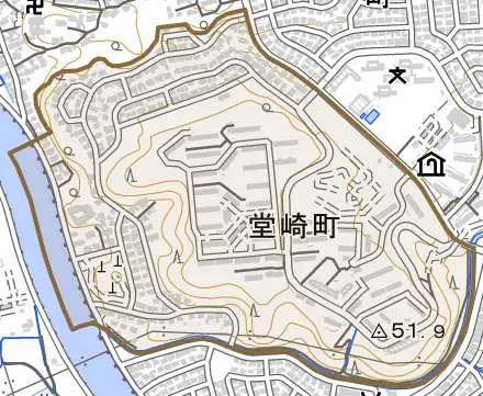 堂崎町とその周辺の地図。町の範囲を重ねている