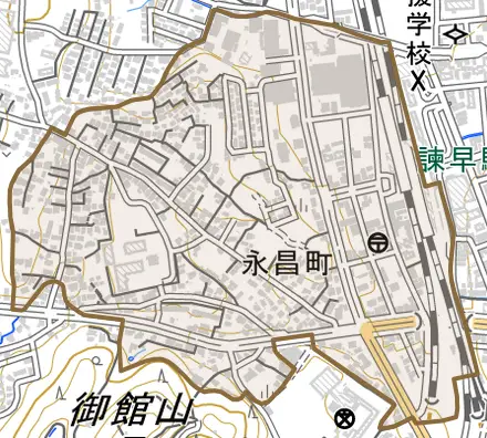 永昌町とその周辺の地図。町の範囲を重ねている