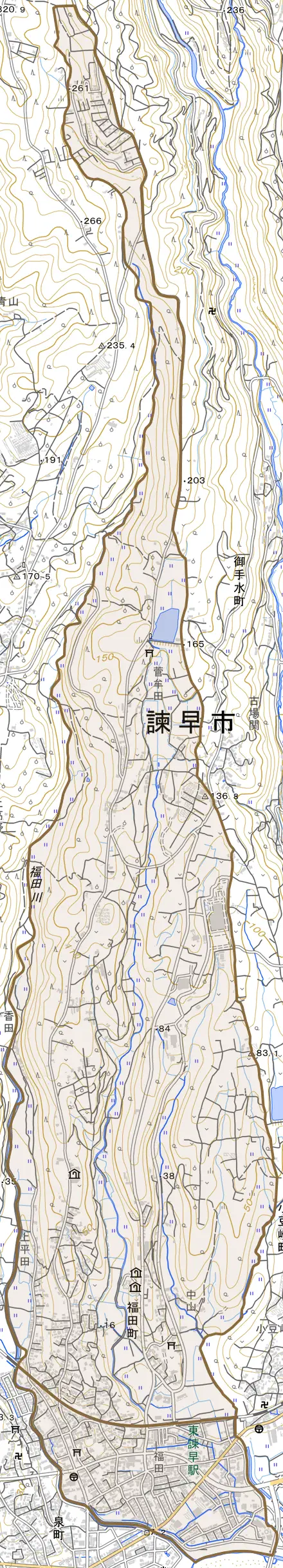 福田町とその周辺の地図。町の範囲を重ねている