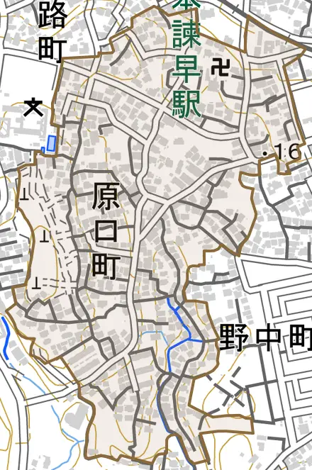 原口町とその周辺の地図。町の範囲を重ねている