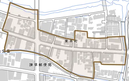 東本町とその周辺の地図。町の範囲を重ねている