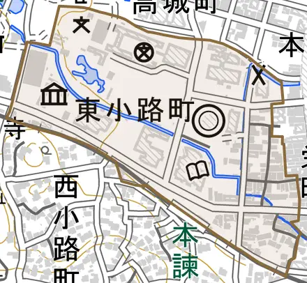 東小路町とその周辺の地図。町の範囲を重ねている