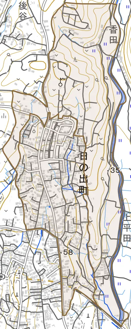日の出町とその周辺の地図。町の範囲を重ねている