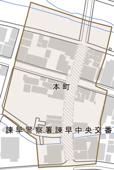 本町とその周辺の地図。町の範囲を重ねている