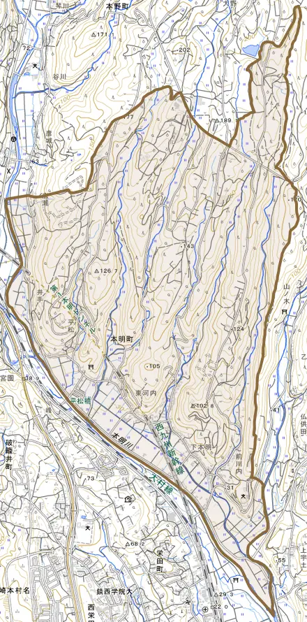 本明町とその周辺の地図。町の範囲を重ねている