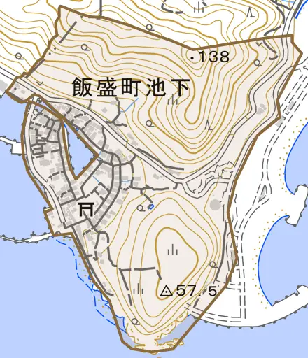 飯盛町池下とその周辺の地図。町の範囲を重ねている