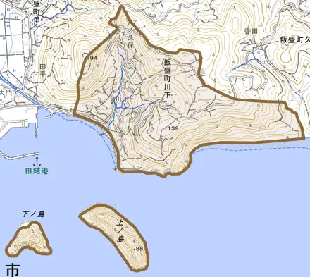 飯盛町川下とその周辺の地図。町の範囲を重ねている